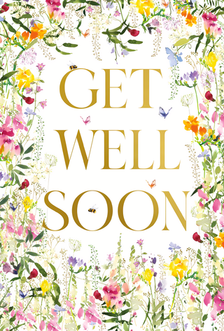 Get Well Soon card with colorful floral design and gold text on a white background