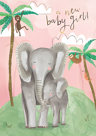 Card with two elephants and text 'a new baby girl!' on a pink background with palm trees and monkeys.