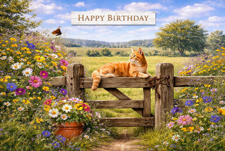 Open Birthday Cat and Butterfly - Ecard